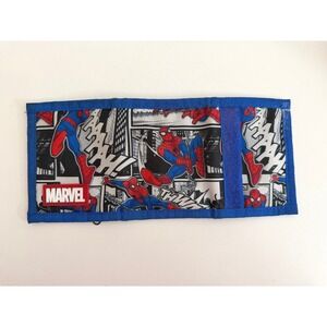 Marvel Spider-Man Trifold Wallet Blue Comic Book Print Canvas Hook and Loop